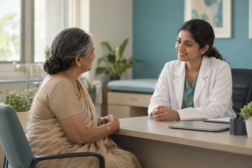 Illustrative photograph of a clinician listening to a patient during a consultation