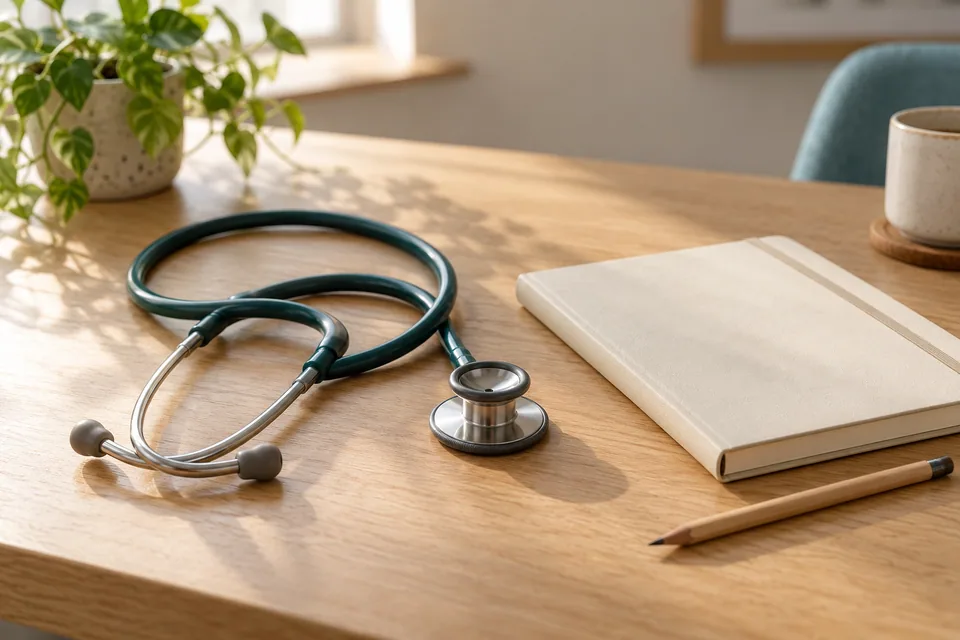 Illustrative photograph of a stethoscope and visit notes in warm daylight