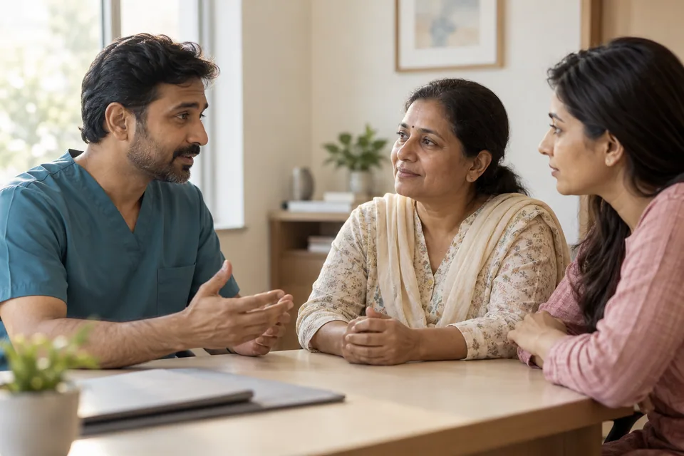Illustrative photograph of a reassuring care conversation